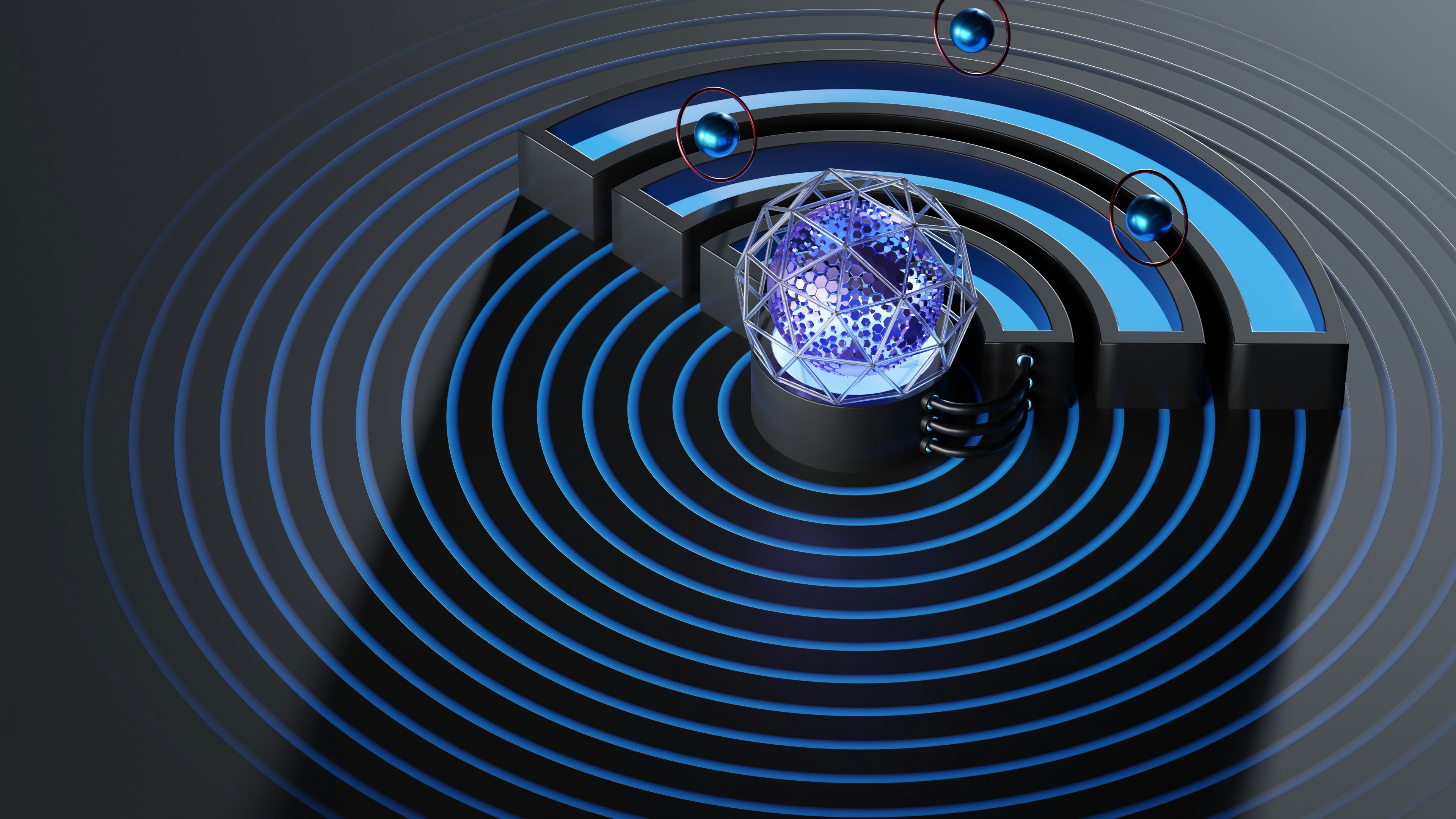 Abstract network visualization — glowing blue signal rings radiating from a connected sphere